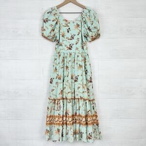 Ivy City Co Della Midi Dress XXS Floral Turquoise Puff Sleeve Tiered Cottagecore